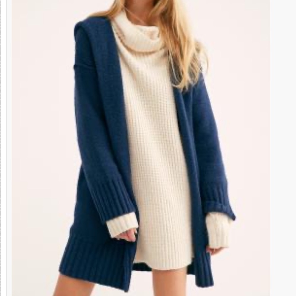 Free People XS Blue Snow Angel Hooded Cardigan Sweater Top Pockets